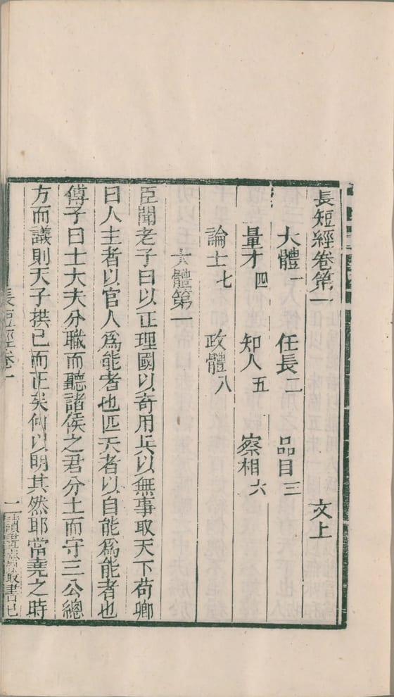 日本国立国会图书馆藏清嘉庆读画斋丛书本《长短经》卷第一卷端叶，题「長短經卷第一　文上」，下列大体一至政体八八篇篇目，正文起「臣聞老子曰：以正理國」